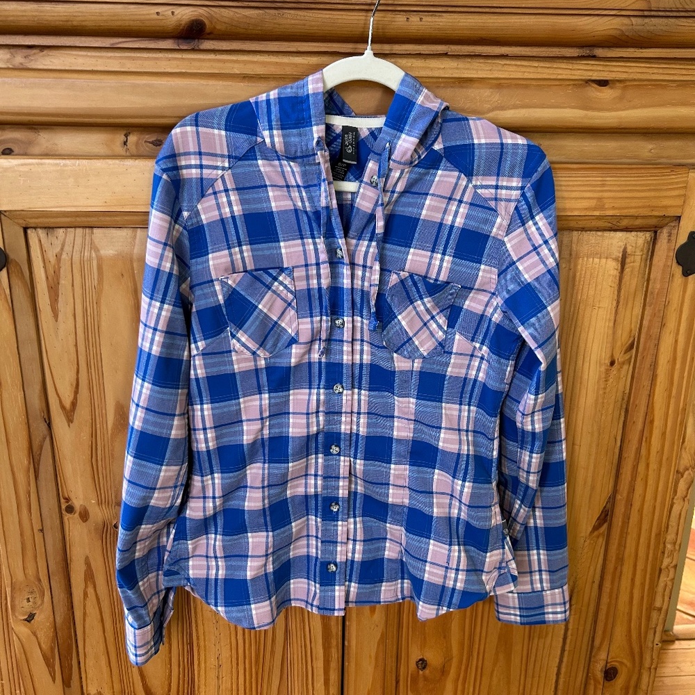 Mountain Hardware Top Blue Pink Plaid Checked Hood Button‎ Up Pockets Wmn Small